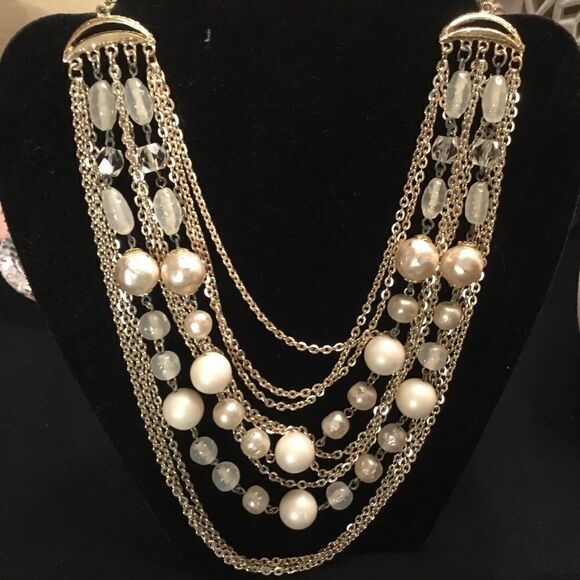 Silvertone Chains with White Beads and Faux Pearls Necklace - Picture 3 of 7